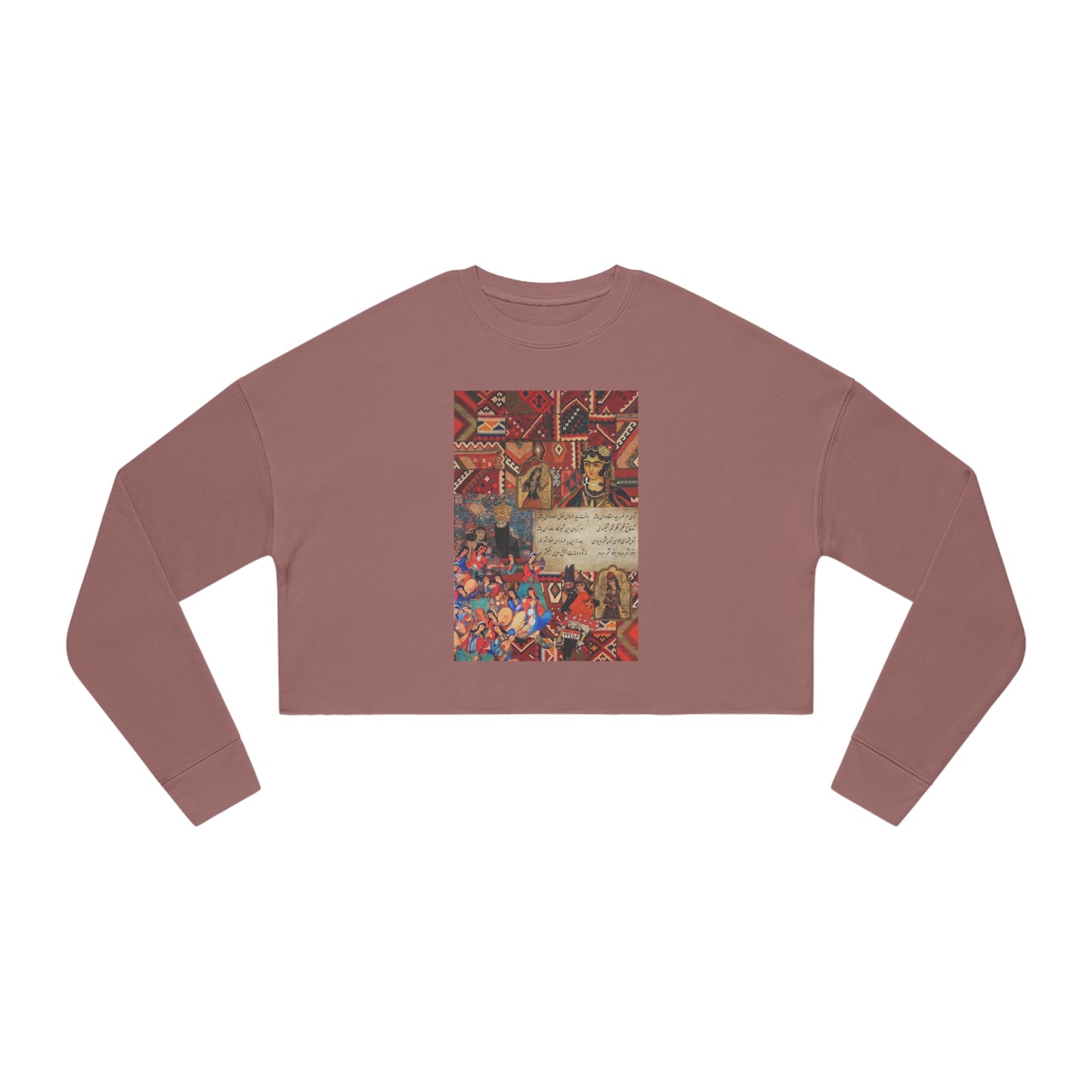 Women's Cropped Sweatshirt with Persian Design - Breathable Fleece, Relaxed Fit, Drop-Shoulder Seam