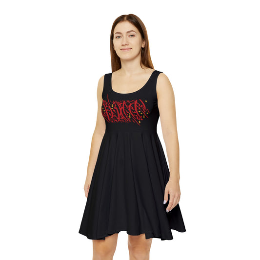 Women's Skater Dress with Persian Calligraphy Design - Polyester-Spandex Blend, Comfortable, Stretchy, Mid-Length