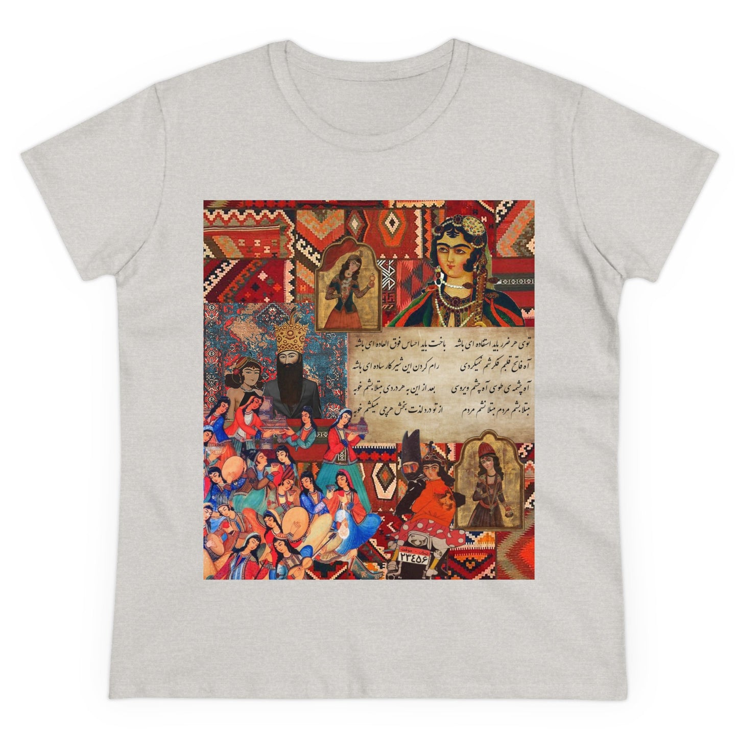 100% Cotton Semi-Fitted T-Shirt with Persian Design - Soft & Light, Cap Sleeves, Pre-Shrunk, Tear-Away Label