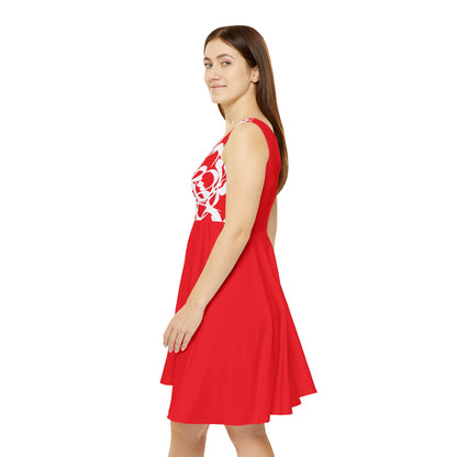 Red Women's Skater Dress with Persian Calligraphy Design - Polyester-Spandex Blend, Comfortable, Stretchy, Mid-Length