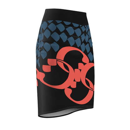 Black Women's Pencil Skirt with Persian Calligraphy Design - Polyester-Spandex Blend, Four-Way Stretch, Elastic Waistband