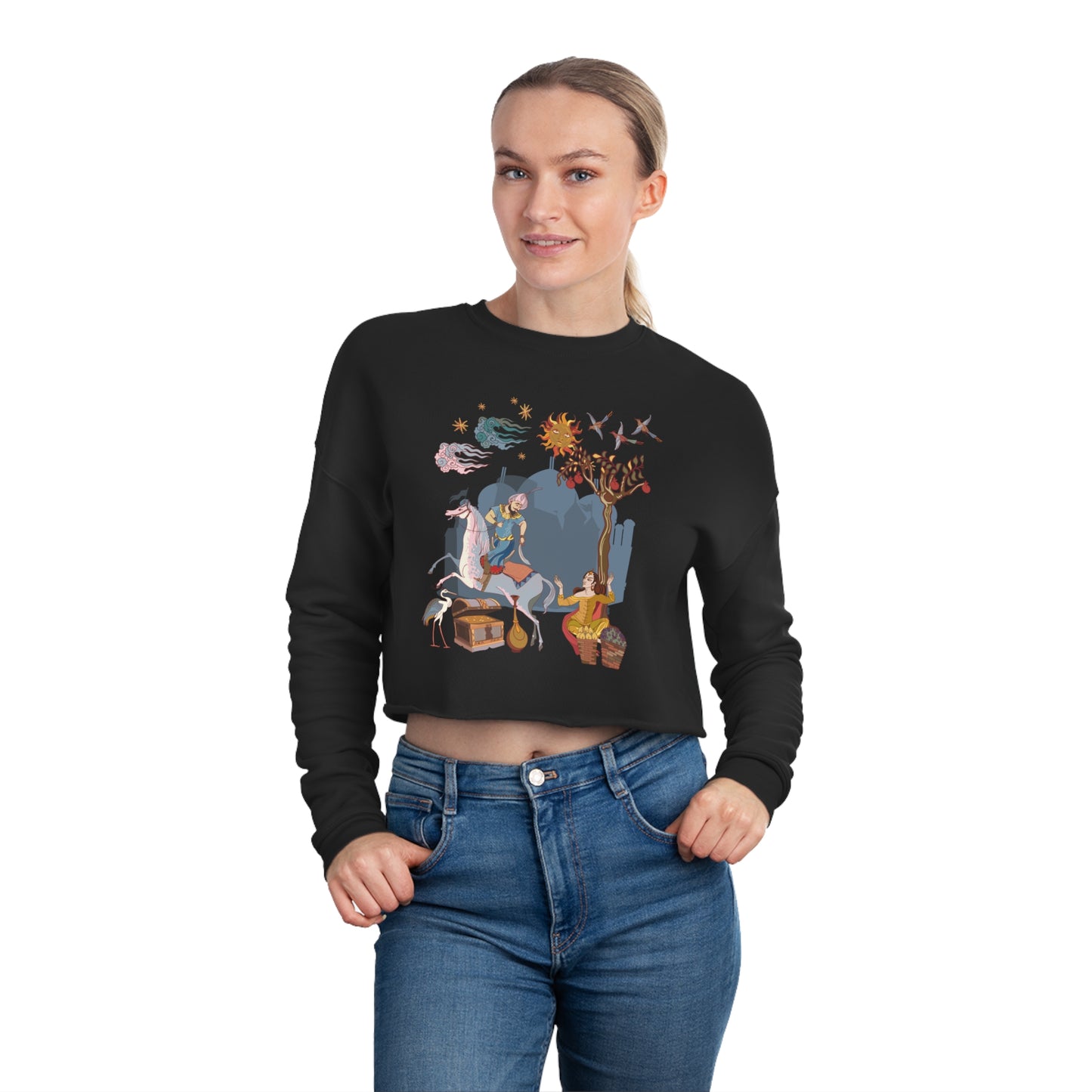 Women's Cropped Sweatshirt with Persian Design - Breathable Fleece, Relaxed Fit, Drop-Shoulder Seam