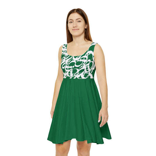 Dark Green Women's Skater Dress with Persian Calligraphy Design - Polyester-Spandex Blend, Comfortable, Stretchy, Mid-Length