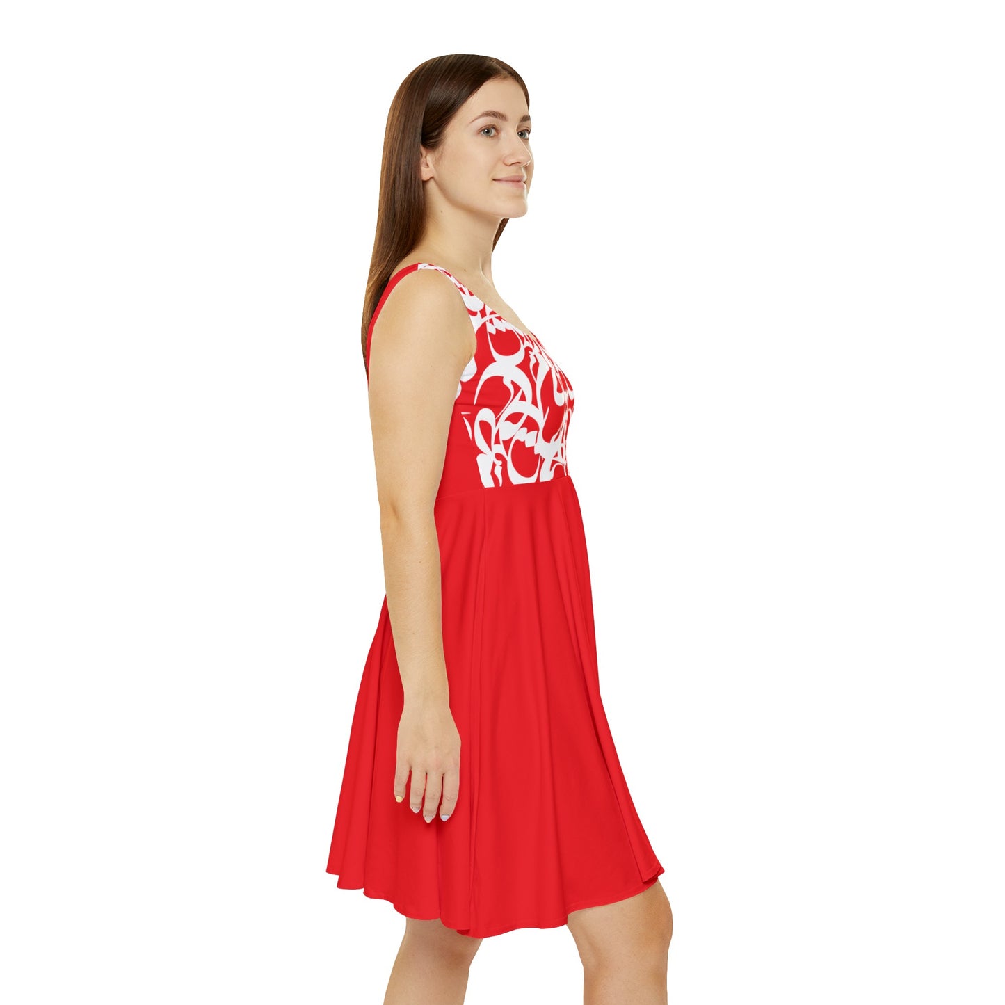 Red Women's Skater Dress with Persian Calligraphy Design - Polyester-Spandex Blend, Comfortable, Stretchy, Mid-Length