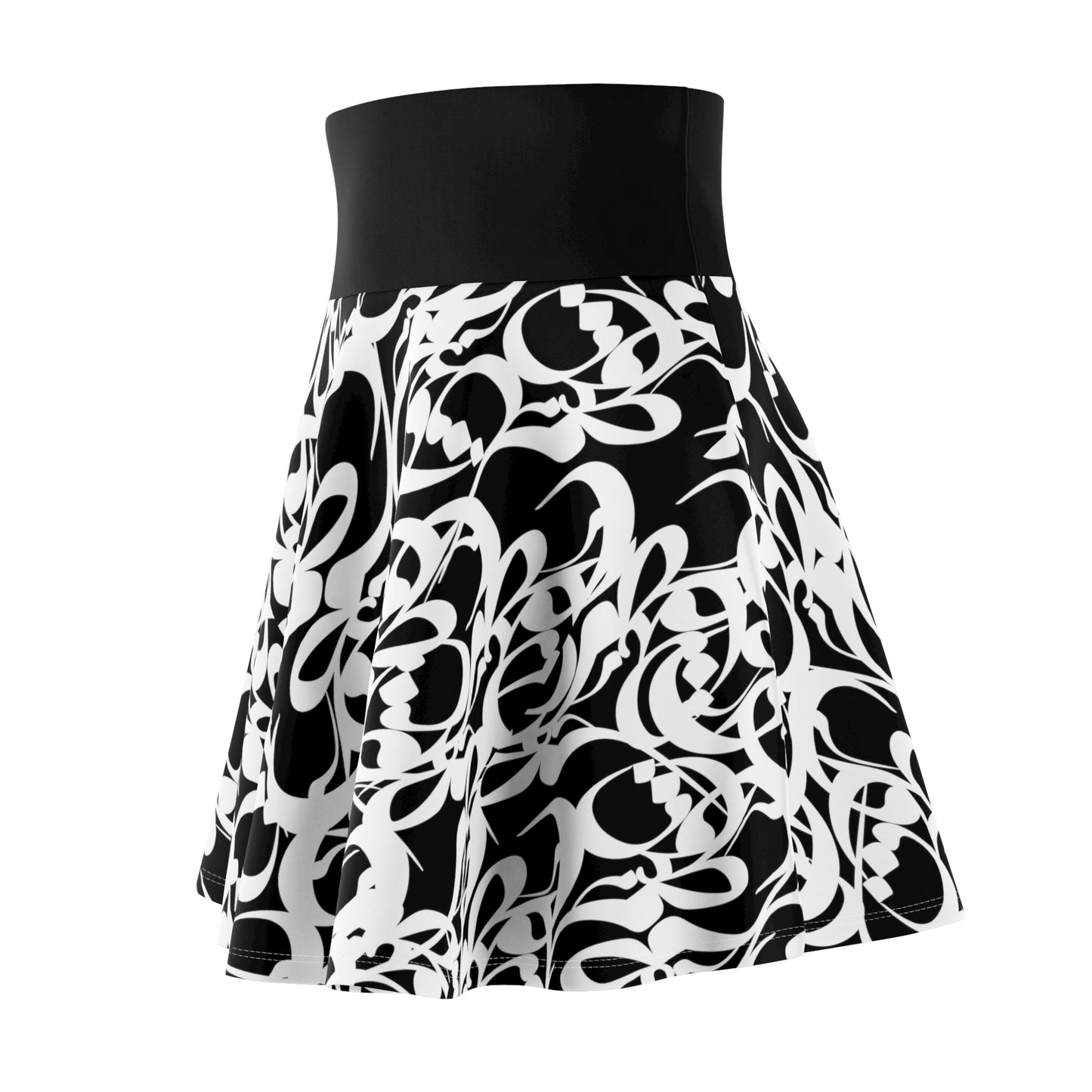 Black Women's Skater Skirt with Persian Calligraphy Design - Polyester-Spandex Blend, Cozy and Soft, Casual Look