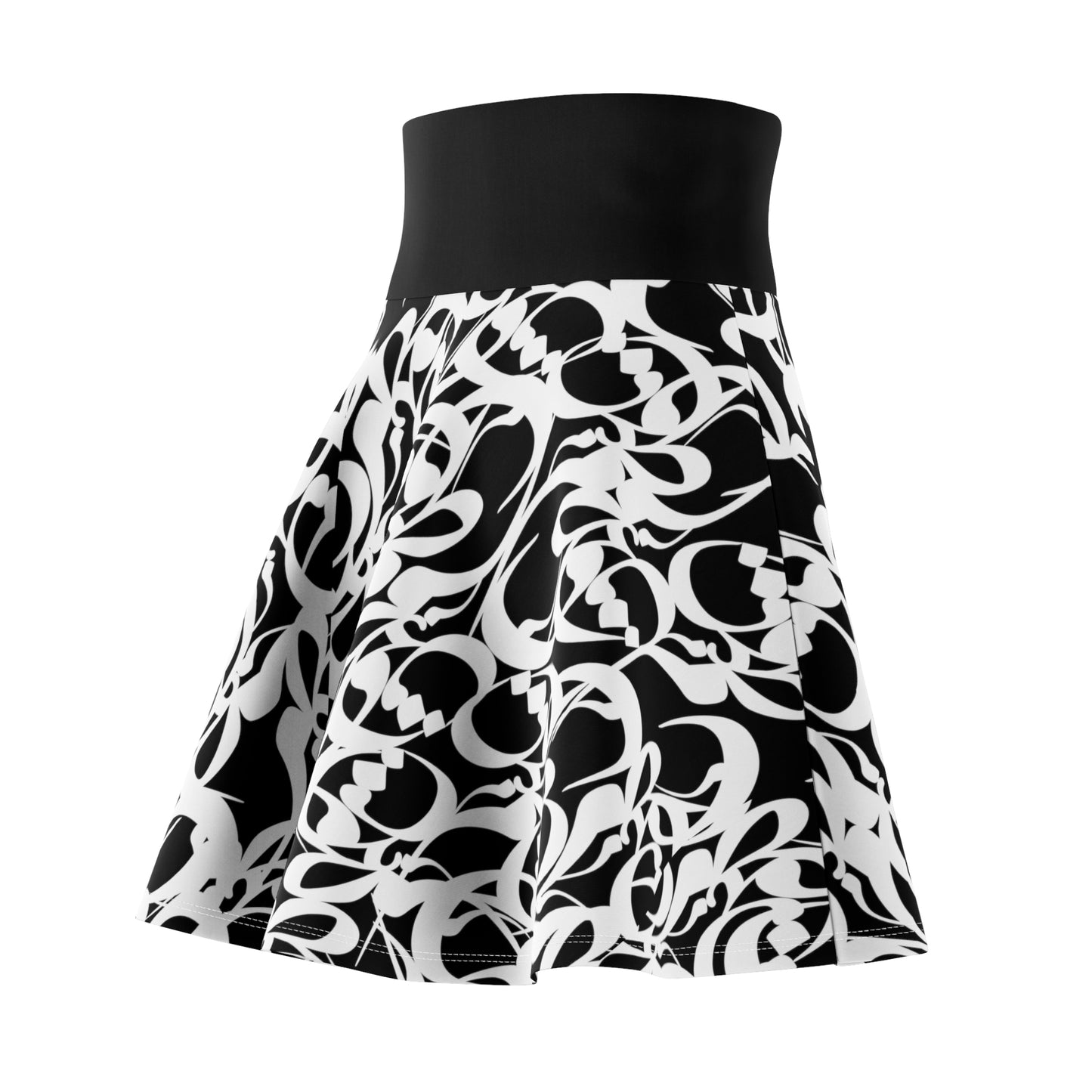 Black Women's Skater Skirt with Persian Calligraphy Design - Polyester-Spandex Blend, Cozy and Soft, Casual Look