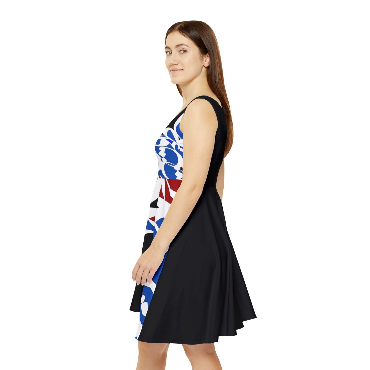 Black Women's Skater Dress with Persian Calligraphy Design - Polyester-Spandex Blend, Comfortable, Stretchy, Mid-Length