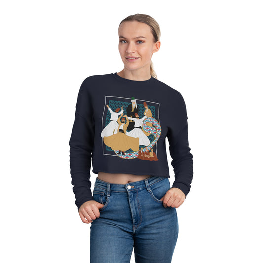 Women's Cropped Sweatshirt with Persian Design - Breathable Fleece, Relaxed Fit, Drop-Shoulder Seam