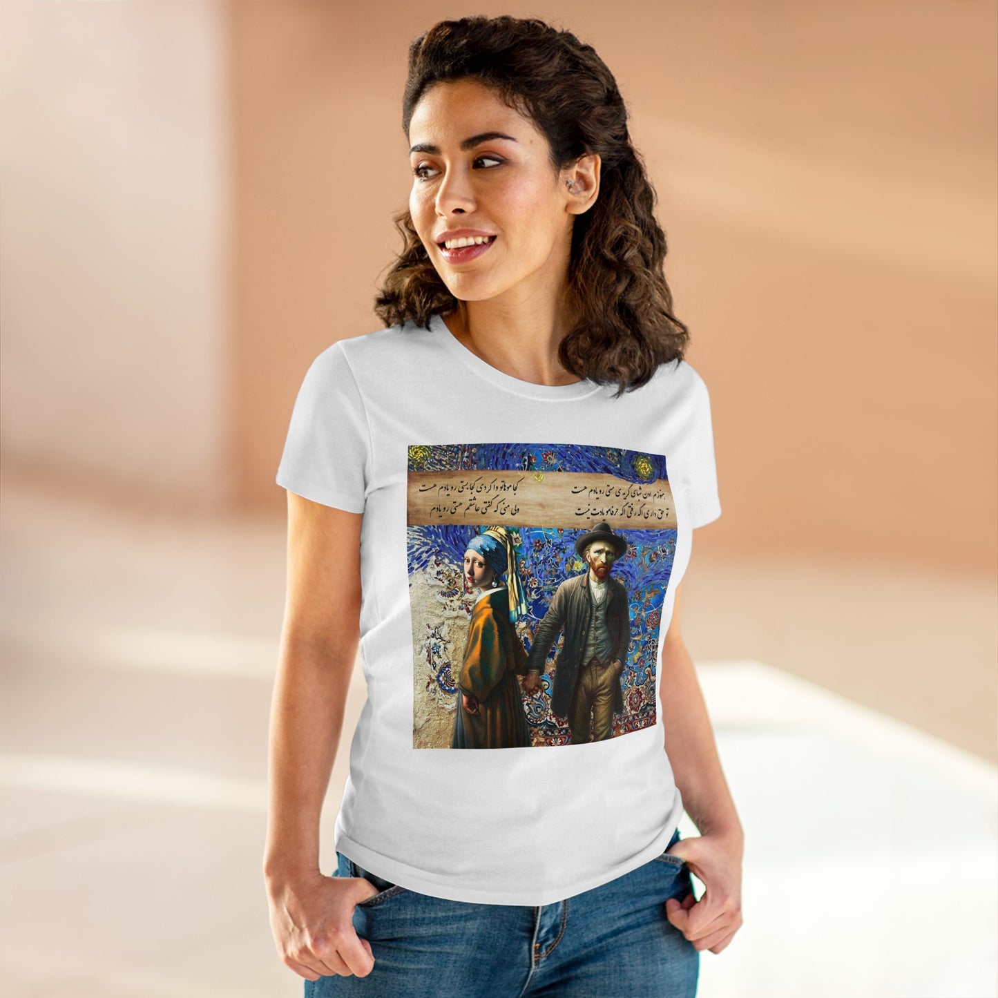 100% Cotton Semi-Fitted T-Shirt with Persian Design - Soft & Light, Cap Sleeves, Pre-Shrunk, Tear-Away Label