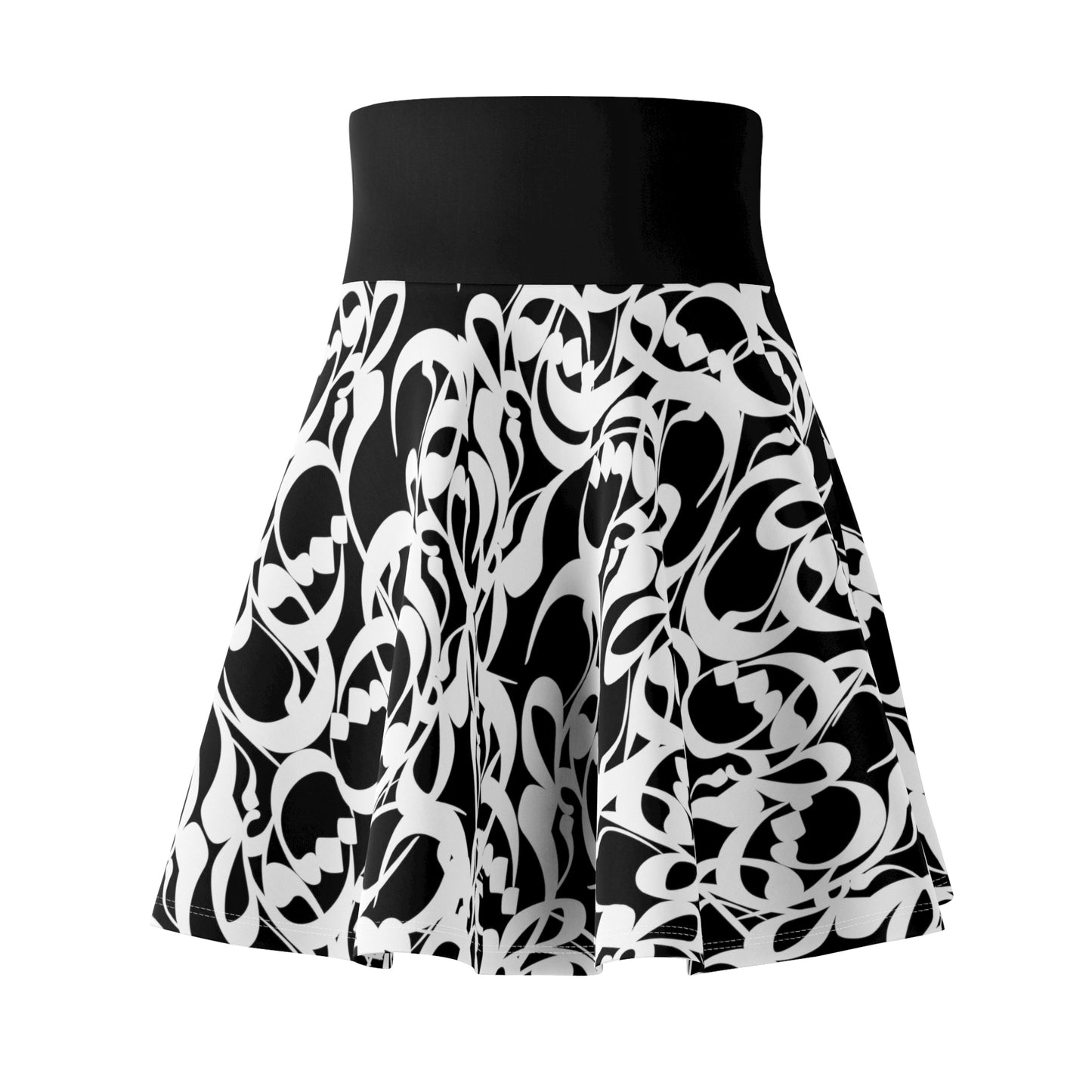 Black Women's Skater Skirt with Persian Calligraphy Design - Polyester-Spandex Blend, Cozy and Soft, Casual Look