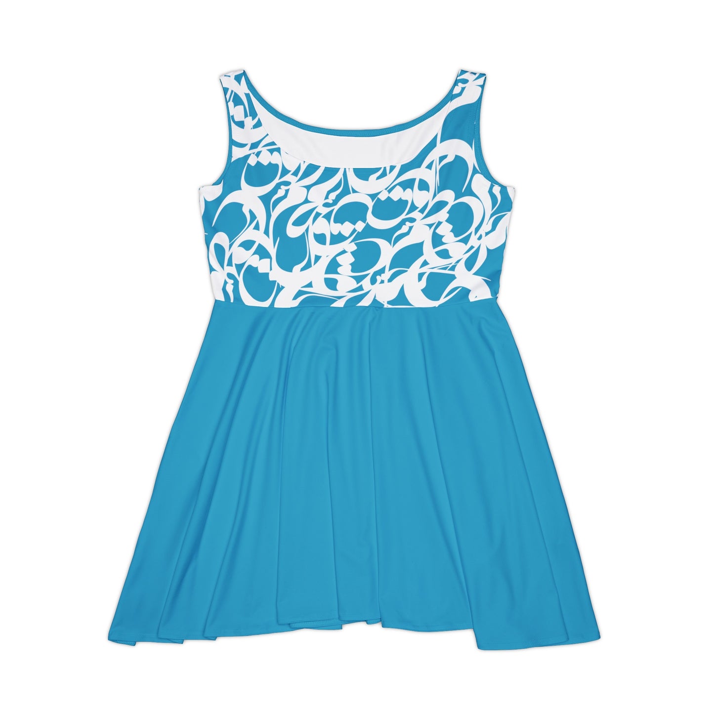 Blue Women's Skater Dress with Persian Calligraphy Design - Polyester-Spandex Blend, Comfortable, Stretchy, Mid-Length