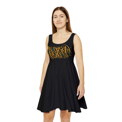 Women's Skater Dress with Persian Calligraphy Design - Polyester-Spandex Blend, Comfortable, Stretchy, Mid-Length