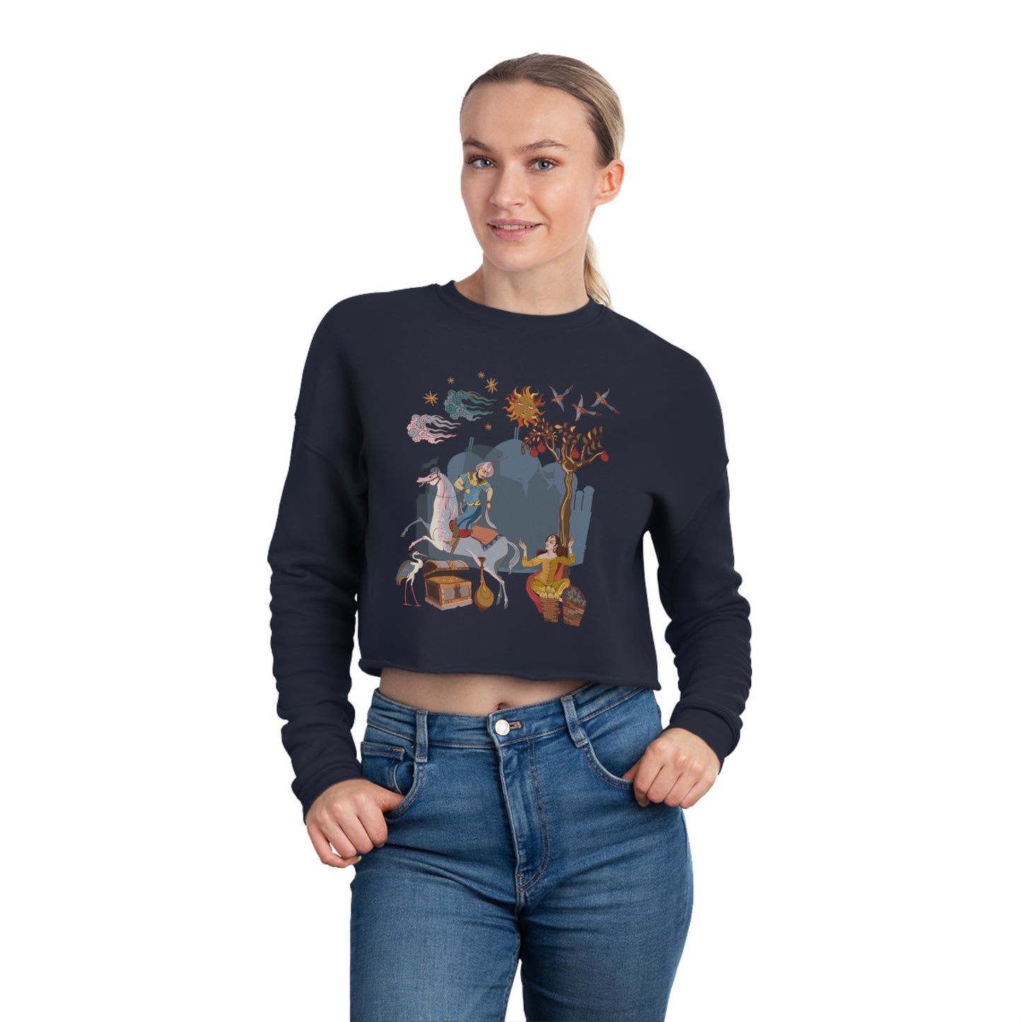 Women's Cropped Sweatshirt with Persian Design - Breathable Fleece, Relaxed Fit, Drop-Shoulder Seam