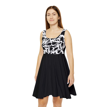 Black Women's Skater Dress with Persian Calligraphy Design - Polyester-Spandex Blend, Comfortable, Stretchy, Mid-Length