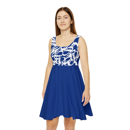 Dark Blue Women's Skater Dress with Persian Calligraphy Design - Polyester-Spandex Blend, Comfortable, Stretchy, Mid-Length