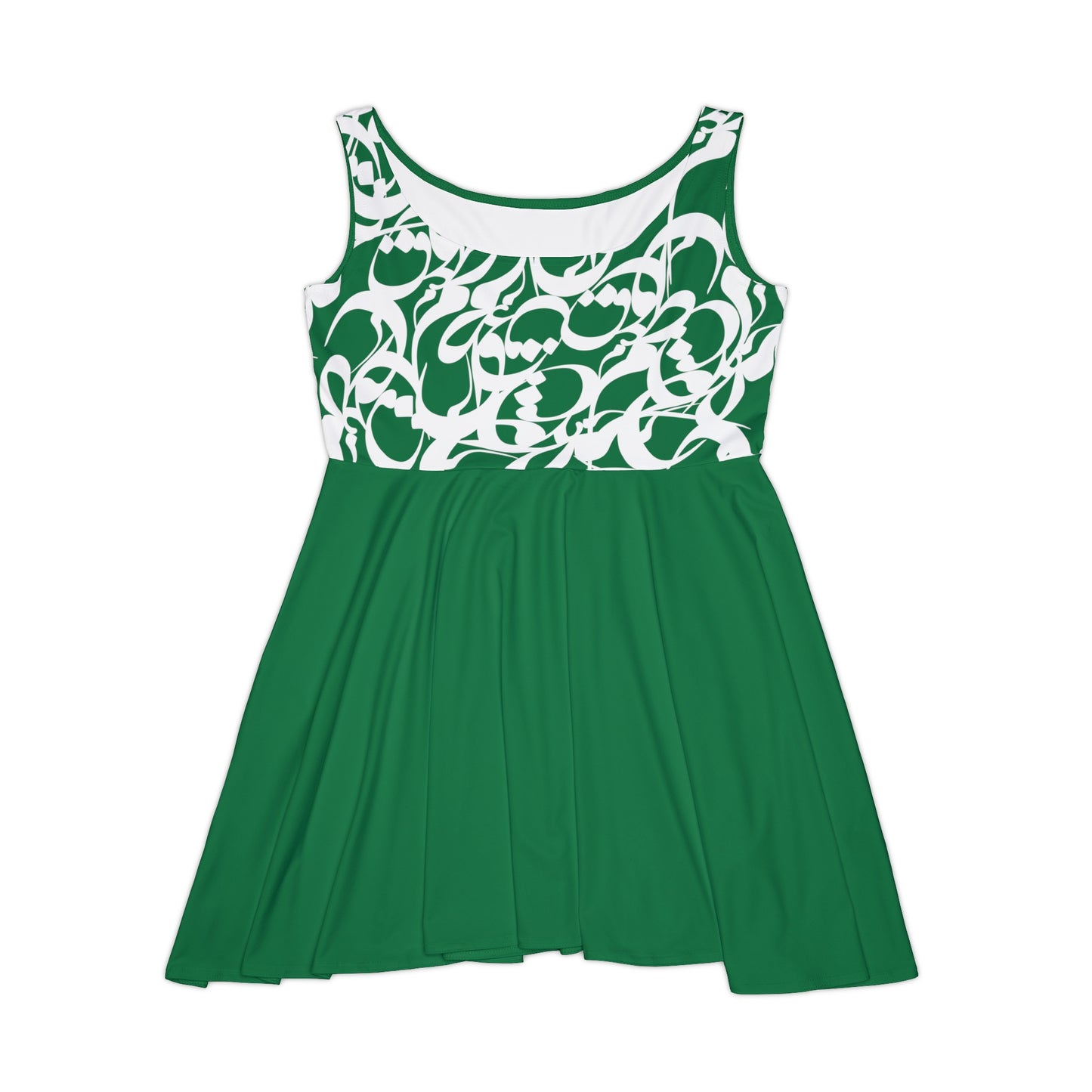 Dark Green Women's Skater Dress with Persian Calligraphy Design - Polyester-Spandex Blend, Comfortable, Stretchy, Mid-Length