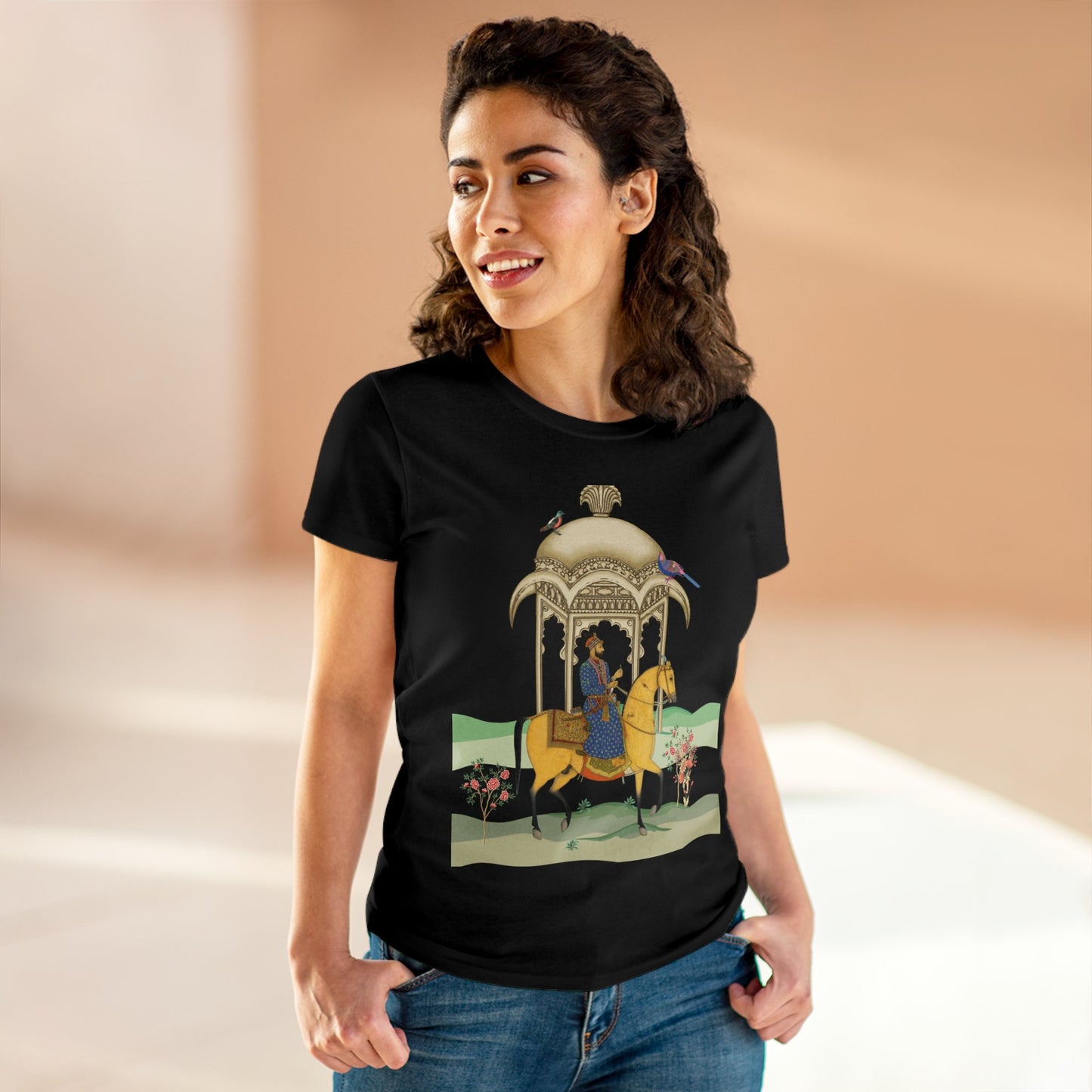 100% Cotton Semi-Fitted T-Shirt with Persian Design - Soft & Light, Cap Sleeves, Pre-Shrunk, Tear-Away Label