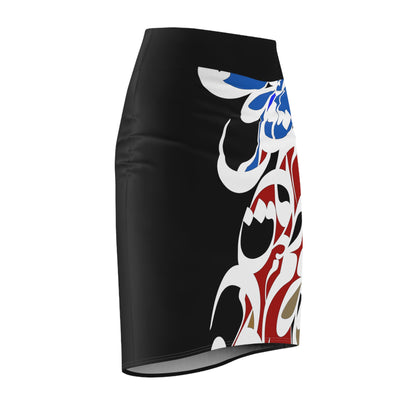 Black Women's Pencil Skirt with Persian Calligraphy Design - Polyester-Spandex Blend, Four-Way Stretch, Elastic Waistband