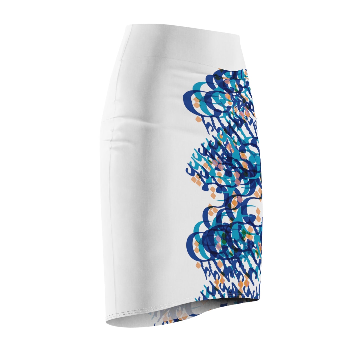 Women's Pencil Skirt with Persian Calligraphy Design - Polyester-Spandex Blend, Four-Way Stretch, Elastic Waistband