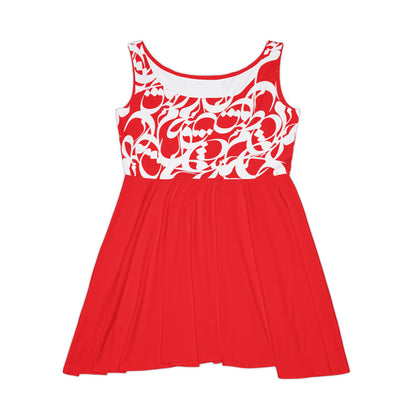 Red Women's Skater Dress with Persian Calligraphy Design - Polyester-Spandex Blend, Comfortable, Stretchy, Mid-Length