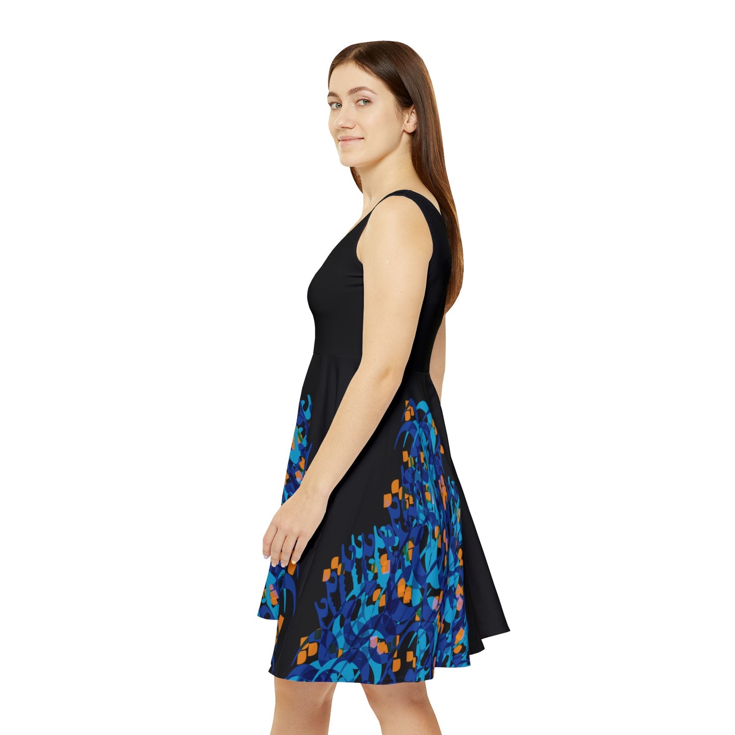 Women's Skater Dress with Persian Calligraphy Design - Polyester-Spandex Blend, Comfortable, Stretchy, Mid-Length