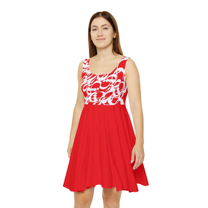 Red Women's Skater Dress with Persian Calligraphy Design - Polyester-Spandex Blend, Comfortable, Stretchy, Mid-Length