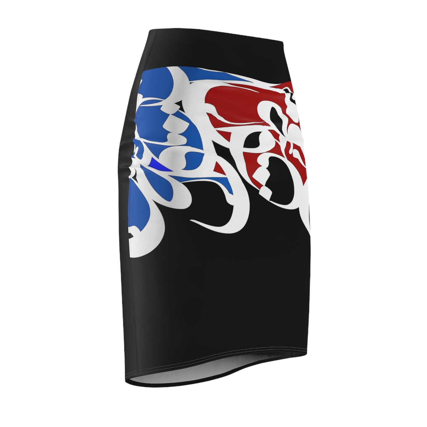 Black Women's Pencil Skirt with Persian Calligraphy Design - Polyester-Spandex Blend, Four-Way Stretch, Elastic Waistband