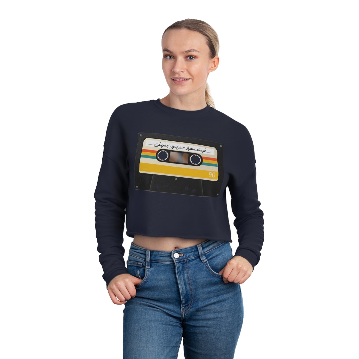 Women's Cropped Sweatshirt with Persian Design - Breathable Fleece, Relaxed Fit, Drop-Shoulder Seam