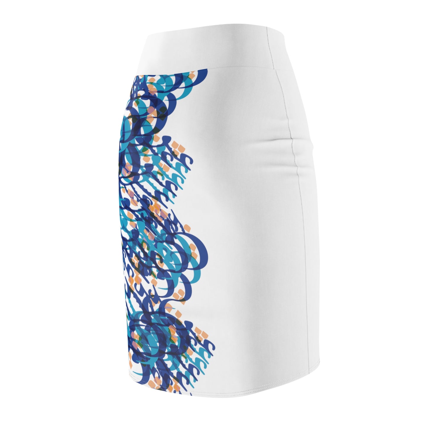 Women's Pencil Skirt with Persian Calligraphy Design - Polyester-Spandex Blend, Four-Way Stretch, Elastic Waistband