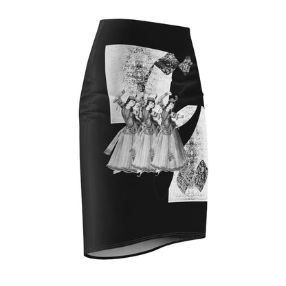 Black Women's Pencil Skirt with Persian Calligraphy Design - Polyester-Spandex Blend, Four-Way Stretch, Elastic Waistband