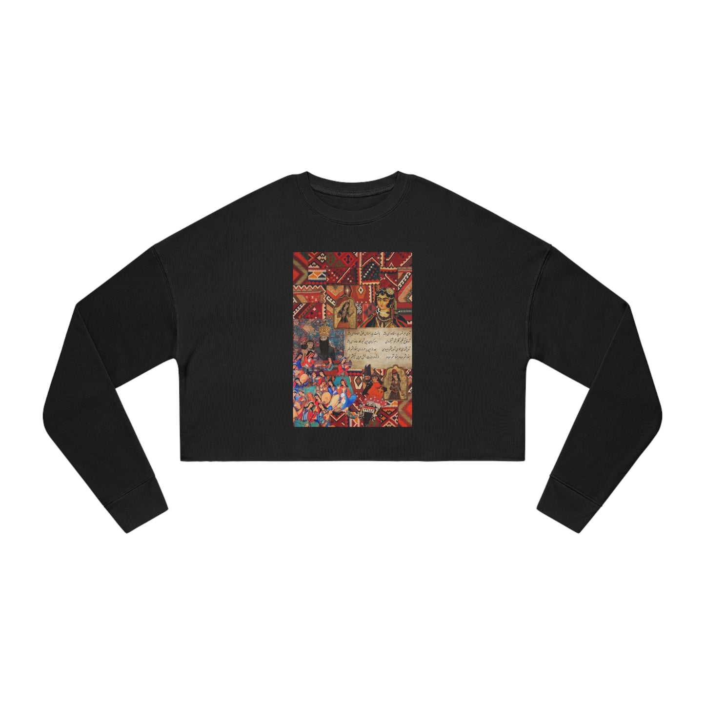 Women's Cropped Sweatshirt with Persian Design - Breathable Fleece, Relaxed Fit, Drop-Shoulder Seam