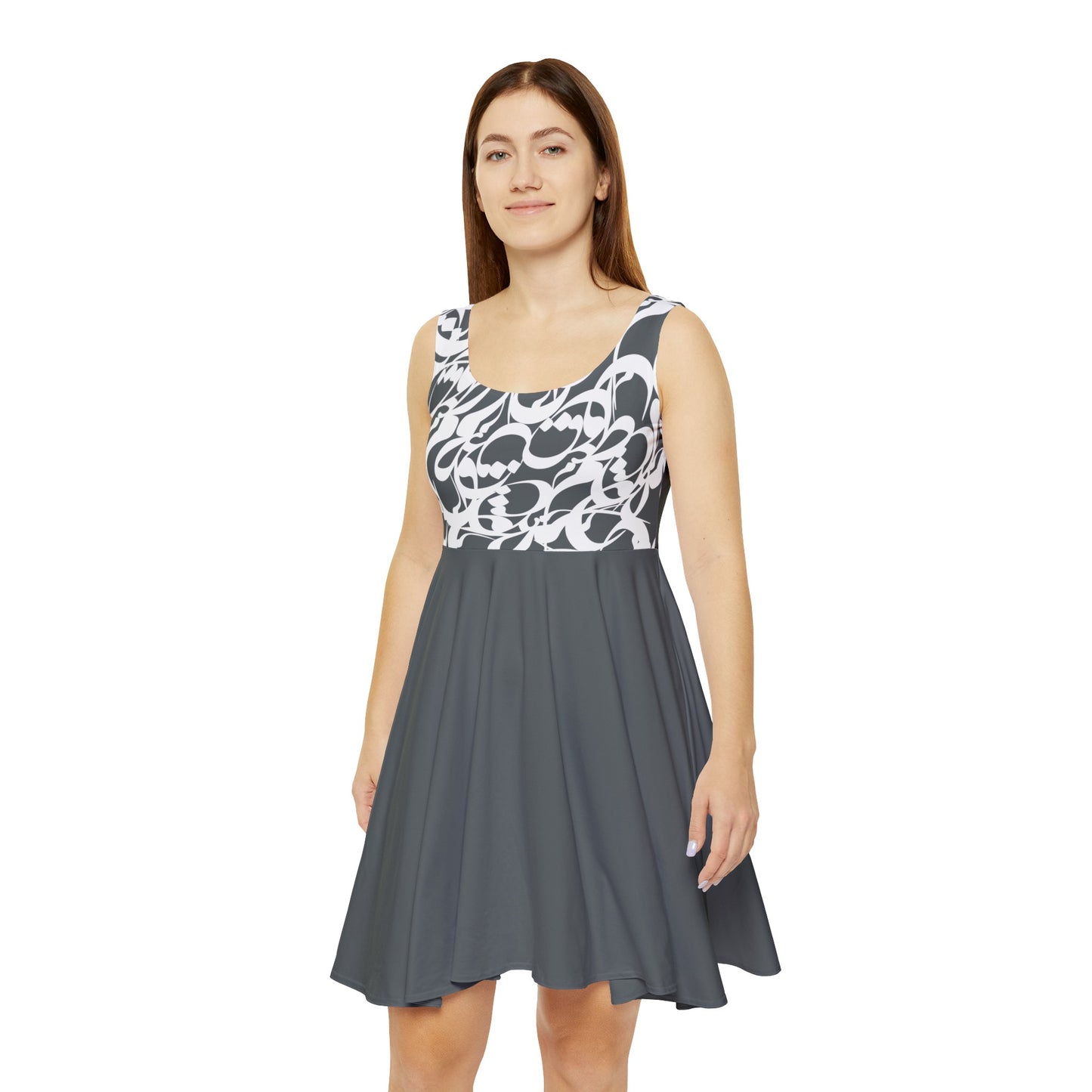 Dark Grey Women's Skater Dress with Persian Calligraphy Design - Polyester-Spandex Blend, Comfortable, Stretchy, Mid-Length