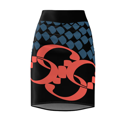 Black Women's Pencil Skirt with Persian Calligraphy Design - Polyester-Spandex Blend, Four-Way Stretch, Elastic Waistband