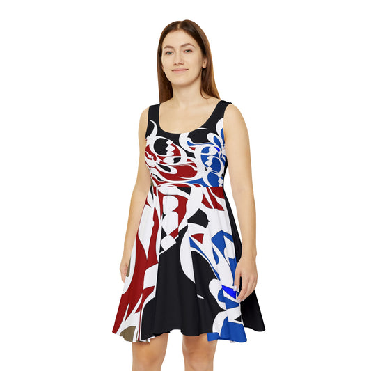 Black Women's Skater Dress with Persian Calligraphy Design - Polyester-Spandex Blend, Comfortable, Stretchy, Mid-Length