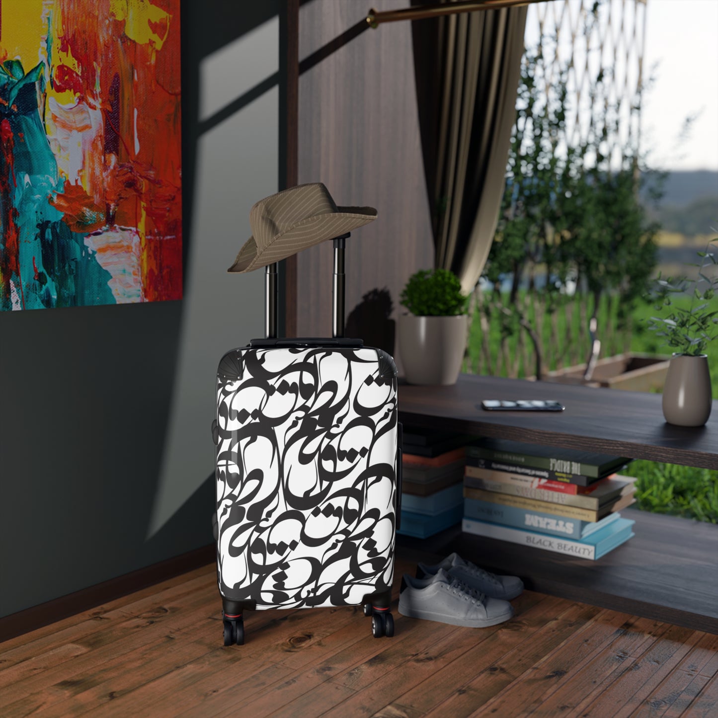 Polycarbonate & ABS Hard-Shell Suitcase with Persian Calligraphy Design - 360° Swivel Wheels, Telescopic Handle, Built-In Lock