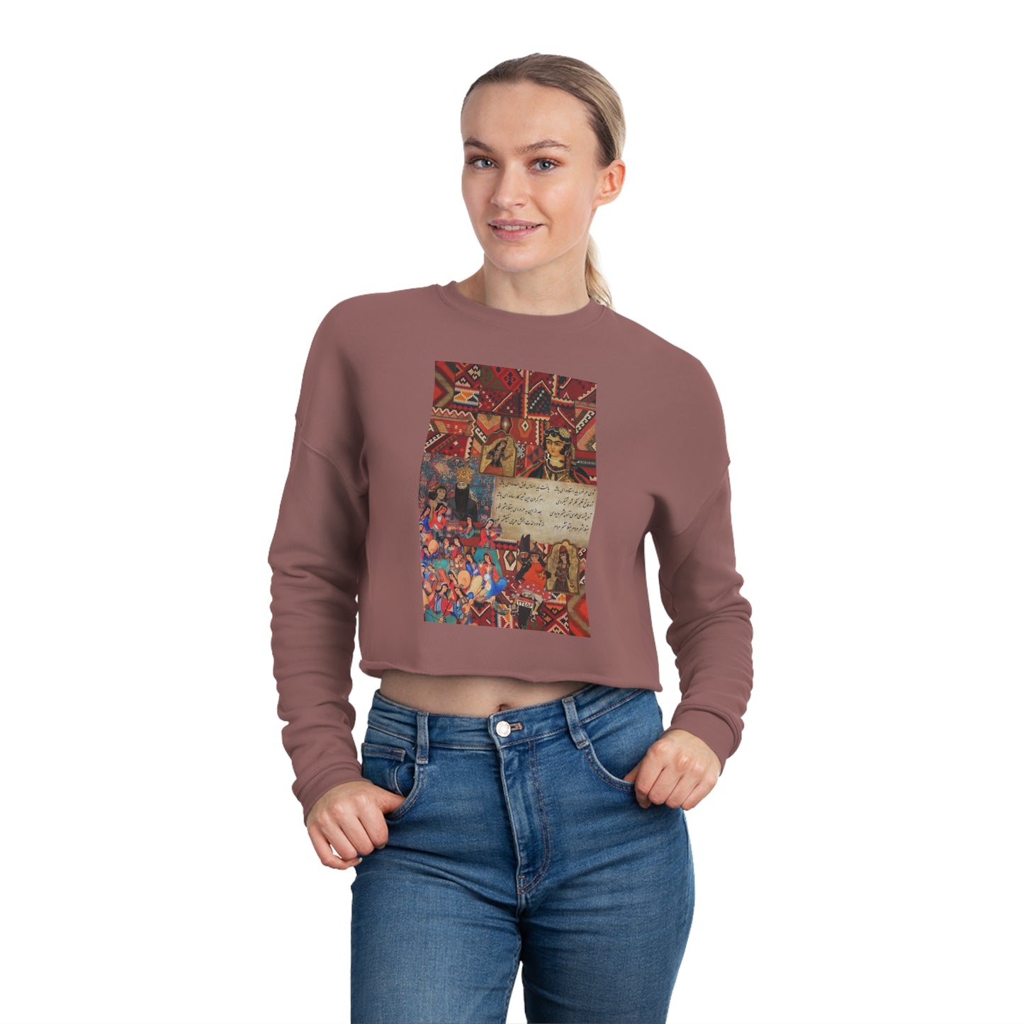 Women's Cropped Sweatshirt with Persian Design - Breathable Fleece, Relaxed Fit, Drop-Shoulder Seam