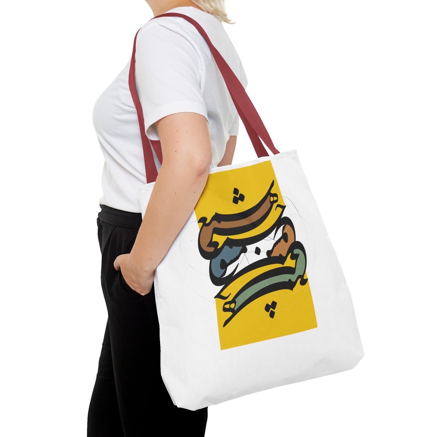 Durable Tote Bags with Persian Calligraphy Design - 3 Sizes, Multiple Handle Colors, Polyester Fabric