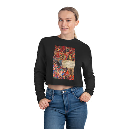 Women's Cropped Sweatshirt with Persian Design - Breathable Fleece, Relaxed Fit, Drop-Shoulder Seam